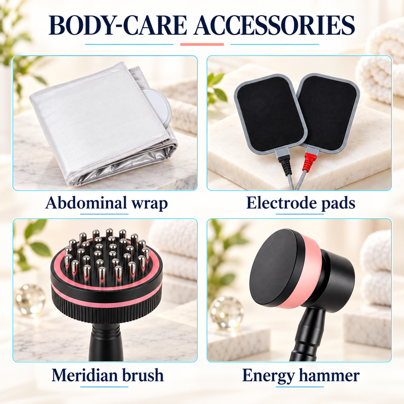 JS-105 body-care accessories Abdominal wrap, electrode pads, meridian brush and energy hammer pictured for JS-105