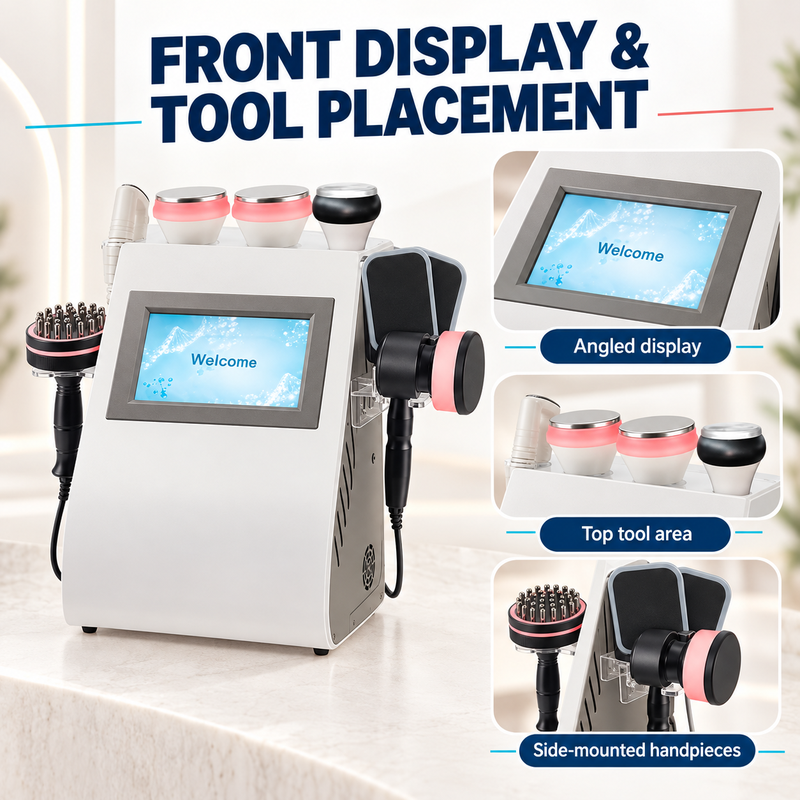 JS-105 front display and handpiece placement JS-105 console with angled display, top tool positions and side-mounted handpieces