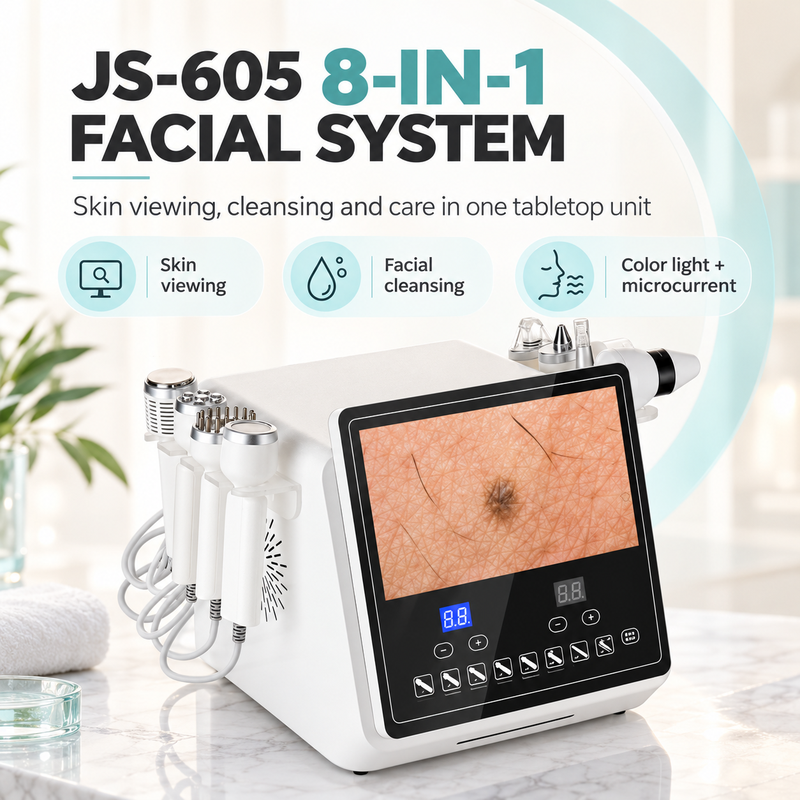 JS-605 white tabletop facial care system with angled skin-viewing display and side-mounted handpieces.
