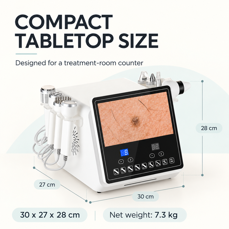JS-605 tabletop machine with 30 x 27 x 28 cm machine dimensions and 7.3 kg net weight.