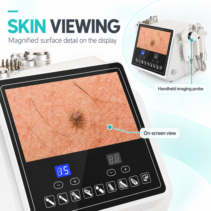 Close-up of the JS-605 skin-viewing screen and handheld imaging probe.