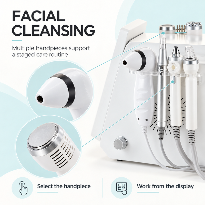 JS-605 facial cleansing page showing docked handpieces and a close-up of visible tool heads.