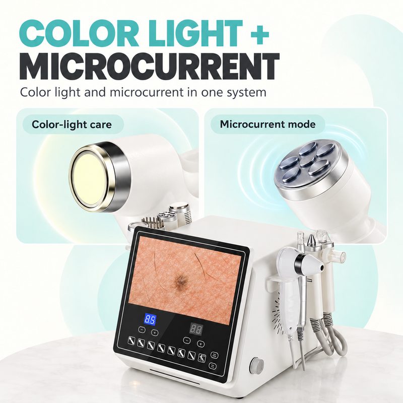 JS-605 product page showing the stated color-light and microcurrent modes with representative handpieces.
