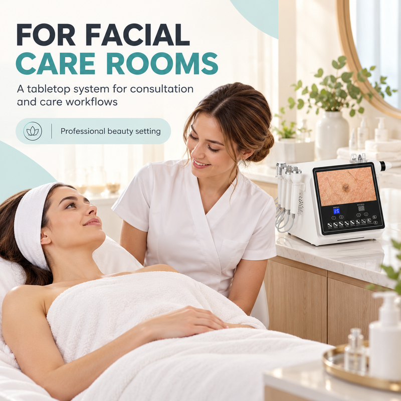 JS-605 on a counter beside a facial-care service setting with an esthetician and client.