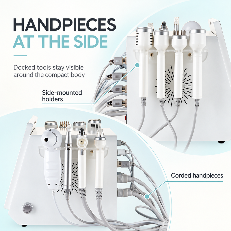 Side views of the JS-605 showing handpiece holders, corded tools and connector area.