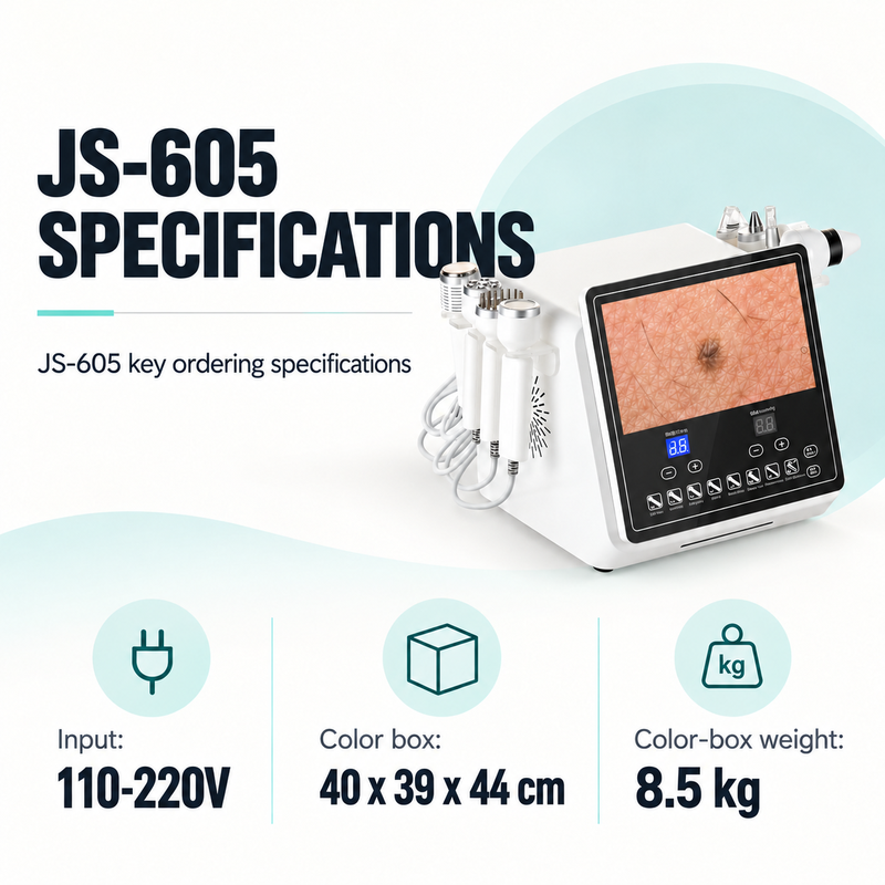 JS-605 with 110-220 V input, 40 x 39 x 44 cm color-box size and 8.5 kg color-box weight.