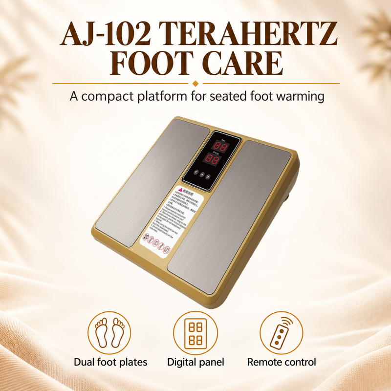 Gold AJ-102 foot care platform with two silver-colored plates, a central digital panel and remote-control feature labels