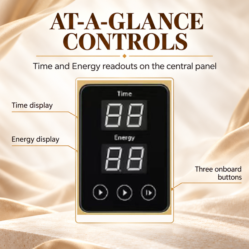 Original AJ-102 panel close-up showing Time and Energy readouts and three onboard buttons.