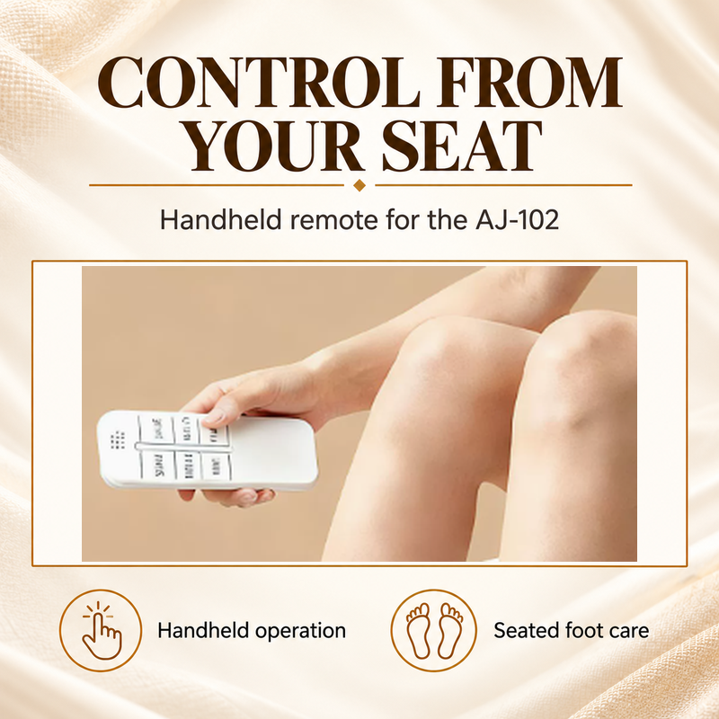 A hand holding the white remote supplied in the AJ-102 source photographs.