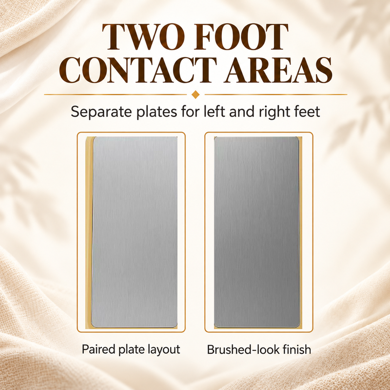 Two close-ups of the silver-colored AJ-102 foot-contact plates showing their brushed-look finish.