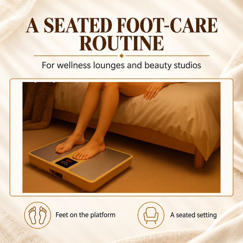 Source usage photograph showing bare feet resting on the gold AJ-102 platform in a seated foot care setting.