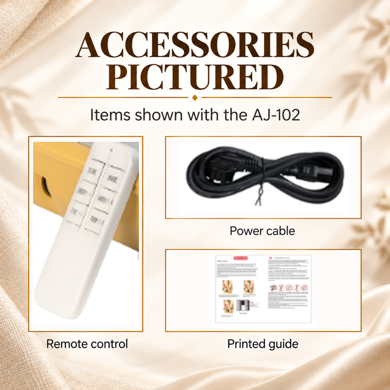 Original source crops of a white remote control, black power cable and printed guide shown with the AJ-102.