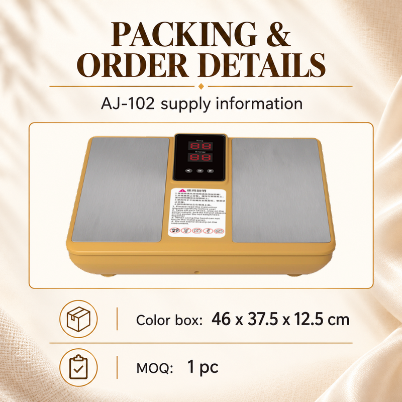 Front view of the AJ-102 with color box size 46 x 37.5 x 12.5 cm and minimum order quantity 1 pc.