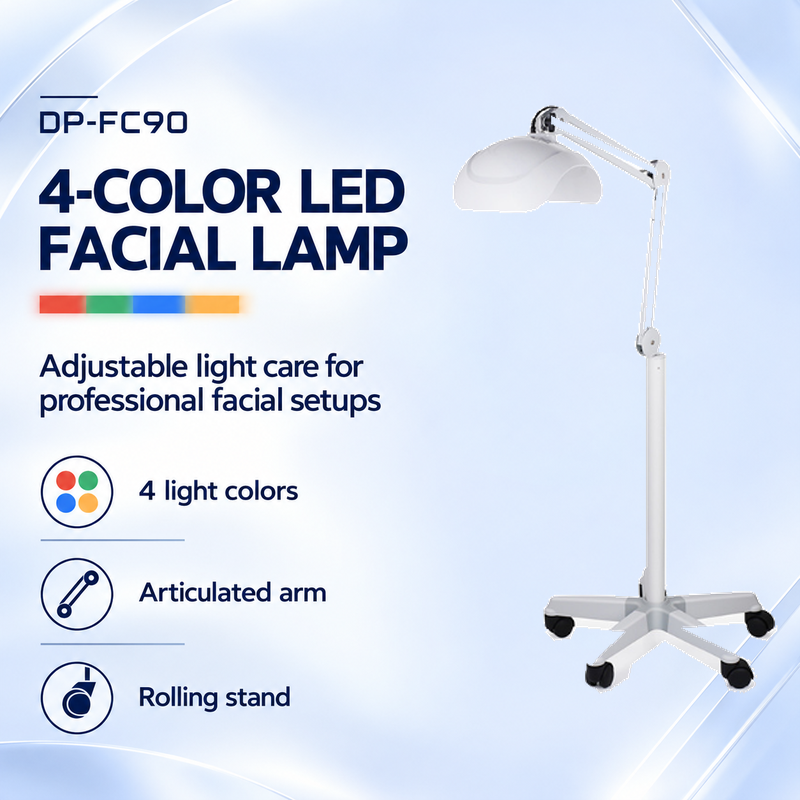 DP-FC90 four-color LED facial lamp overview White DP-FC90 LED facial lamp with a curved head, articulated arm and rolling floor stand beside three overview feature labels