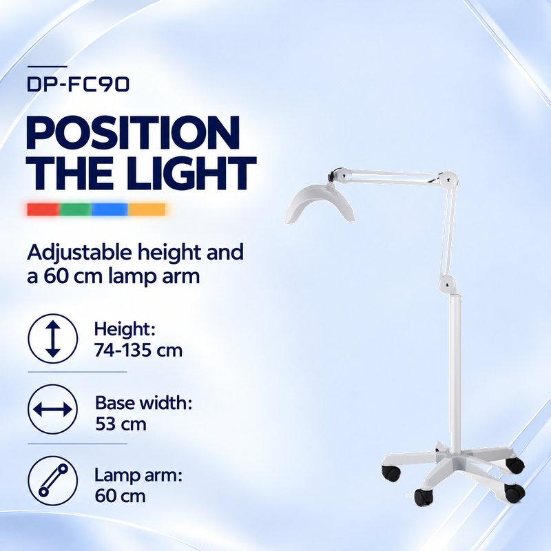 DP-FC90 facial lamp dimensions and adjustment DP-FC90 with an extended arm, stated height range 74-135 cm, base width 53 cm and lamp arm length 60 cm