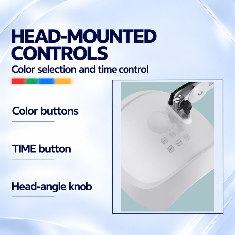 DP-FC90 facial lamp head-mounted controls Original DP-FC90 hood close-up with color buttons, a TIME button and the black head-angle locking knob.