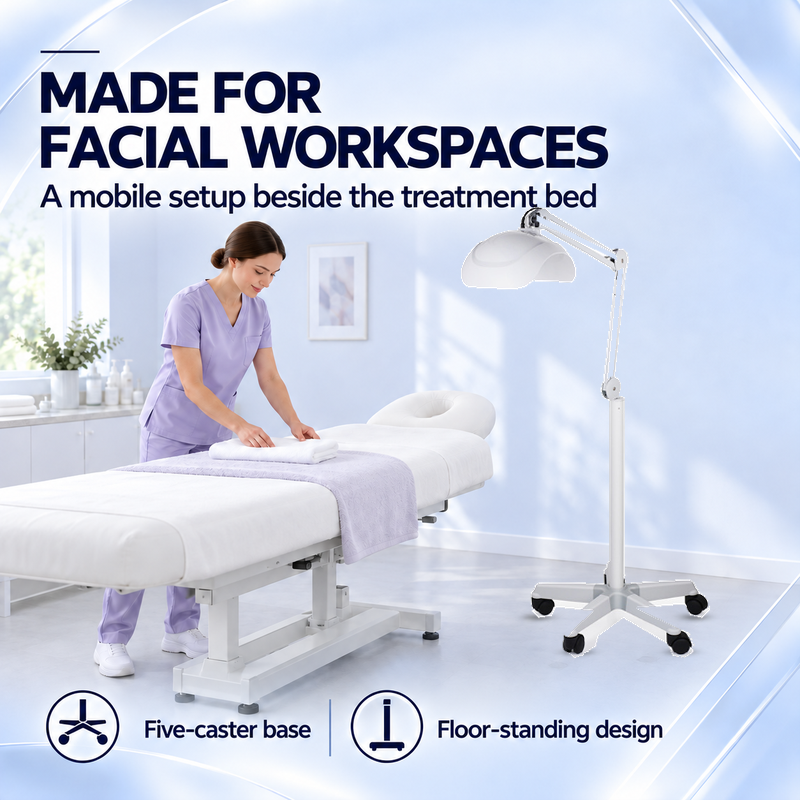DP-FC90 facial lamp in a beauty workspace AI application illustration of an esthetician preparing a treatment bed, with the original five-caster DP-FC90 product photograph inserted beside it.