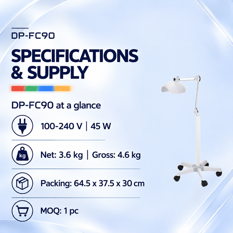 DP-FC90 facial lamp technical and packing details DP-FC90 with supply 100-240 V, power 45 W, net weight 3.6 kg, gross weight 4.6 kg, packing size 64.5 x 37.5 x 30 cm and MOQ 1 pc.
