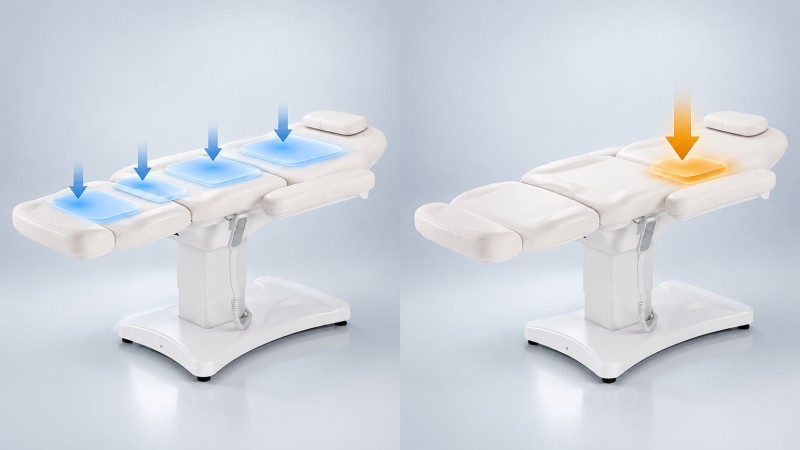 Electric beauty bed comparison showing an evenly distributed load and a concentrated load near one section