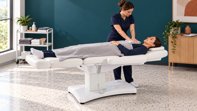 Fully clothed client centred on an electric beauty bed while an instructor demonstrates controlled treatment pressure