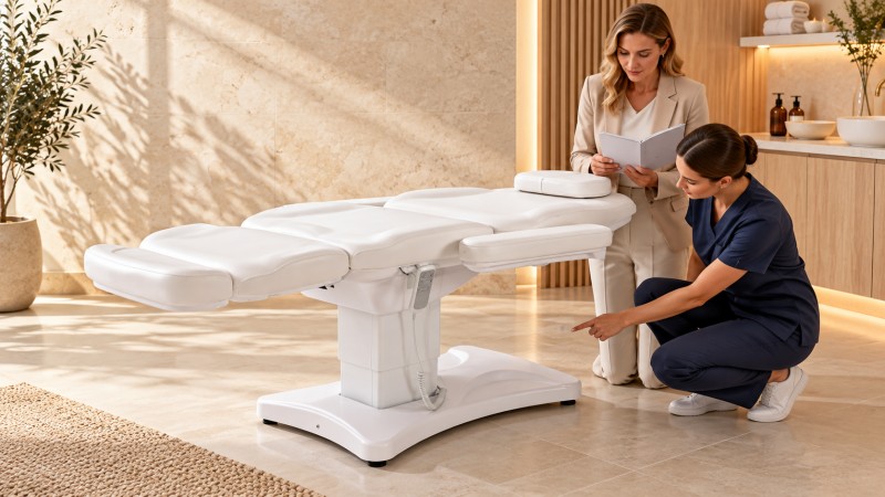 Procurement manager and service technician inspecting an electric beauty bed during receiving acceptance