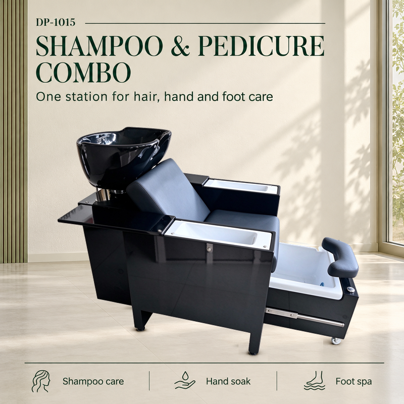 Original black DP-1015 salon unit in an AI salon setting, with ceramic shampoo basin, side hand bowls and extended acrylic foot bath.