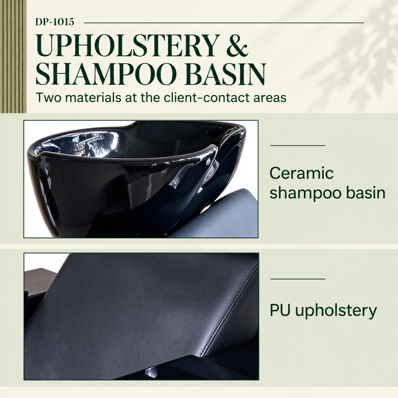 Original close-ups of the DP-1015 black PU backrest and black ceramic shampoo basin.