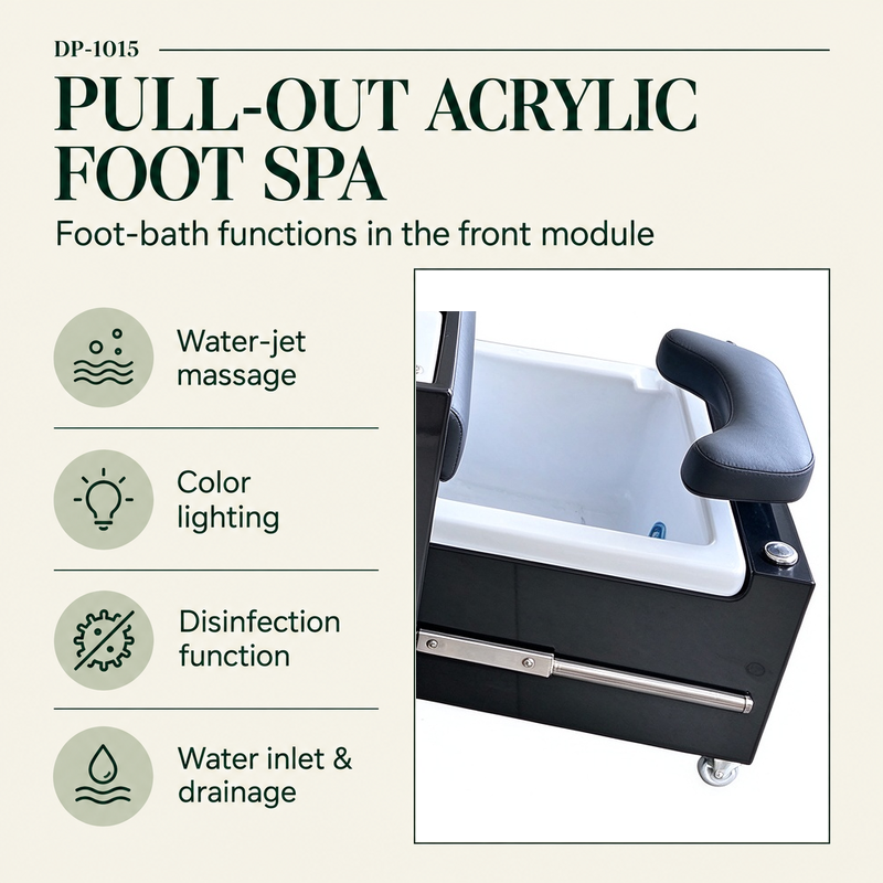 Original white acrylic foot bath and black pull-out drawer with labels for water-jet massage, color lighting, disinfection function and water inlet and drainage.