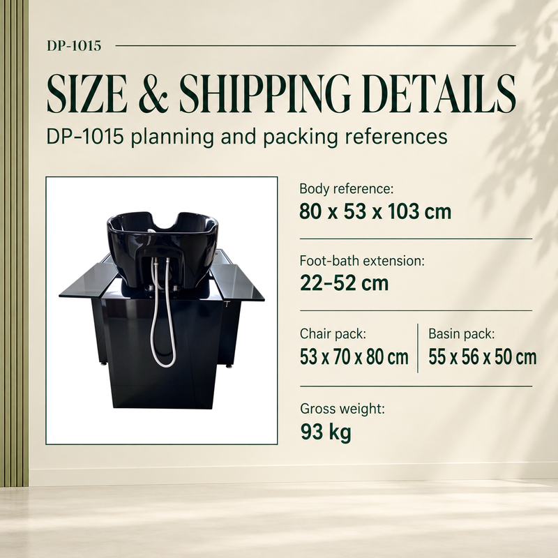 Rear view of the DP-1015 with diagram body reference 80 x 53 x 103 cm, foot-bath extension 22-52 cm, chair package 53 x 70 x 80 cm, basin package 55 x 56 x 50 cm and stated gross weight 93 kg