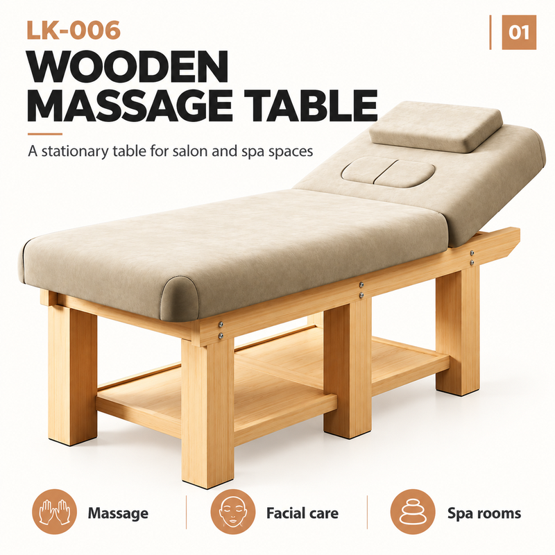 LK-006 wooden massage table overview Beige LK-006 wooden massage table with a raised backrest, pillow, chest-recess inserts and an open lower shelf, with massage, facial care and spa room labels.