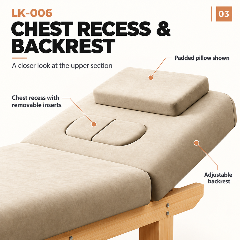 LK-006 chest recess and adjustable backrest Close view of the LK-006 beige upper section showing paired removable chest-recess inserts, the raised adjustable backrest and a padded pillow.