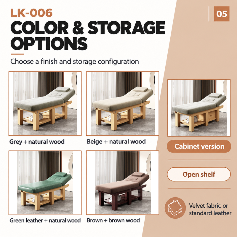 LK-006 upholstery colors and storage configurations Original LK-006 option photographs showing grey, beige and green with natural wood frames, brown with a brown frame, and a cabinet version alongside open-shelf and upholstery-option labels.