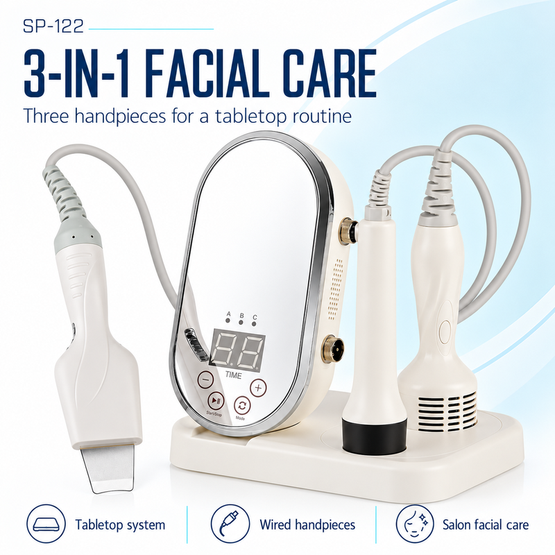 SP-122 three-handpiece facial care system overview White and silver SP-122 tabletop unit with an oval front panel, separate ultrasonic spatula, EMS probe and ventilated hot-cold head.