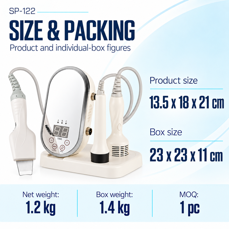 SP-122 product size and individual box figures SP-122 system beside product size 13.5 x 18 x 21 cm, box size 23 x 23 x 11 cm, net weight 1.2 kg, box weight 1.4 kg and MOQ 1 piece.
