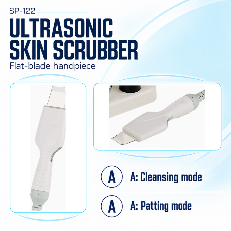 SP-122 ultrasonic scrubber and mode A Original photographs of the SP-122 flat-blade handpiece upright and laid out, with cleansing and patting mode labels.