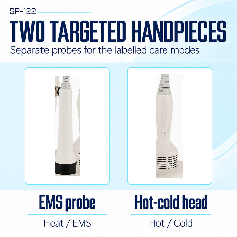 SP-122 EMS probe and hot-cold head modes Original docked-probe photographs showing the slim black-collar EMS probe labelled Heat and EMS, and the ventilated hot-cold head labelled Hot and Cold.