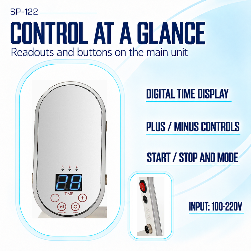 SP-122 front controls and voltage specification Original SP-122 oval control panel and side-power photographs with digital time display, plus/minus, Start/Stop, Mode and stated 100-220V input labels.