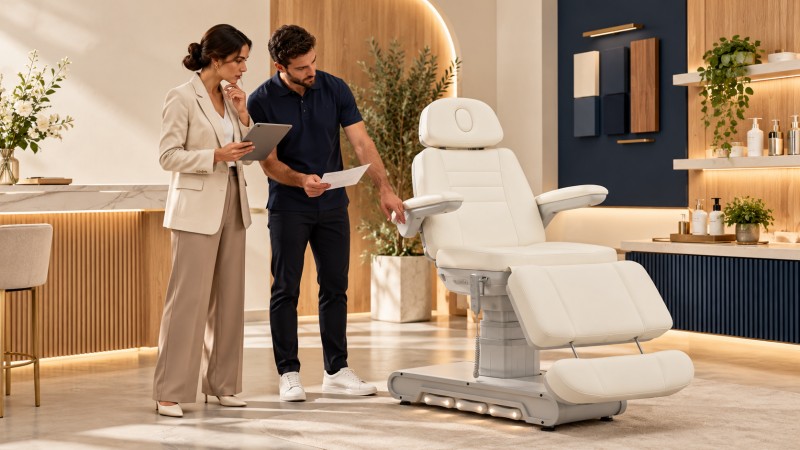 Buyer and technician reviewing the specifications of a white electric beauty bed in a modern showroom