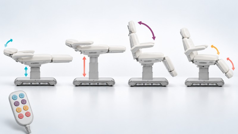 Four positions of the same electric beauty bed with colored arrows showing height backrest legrest and tilt movements beside a hand control