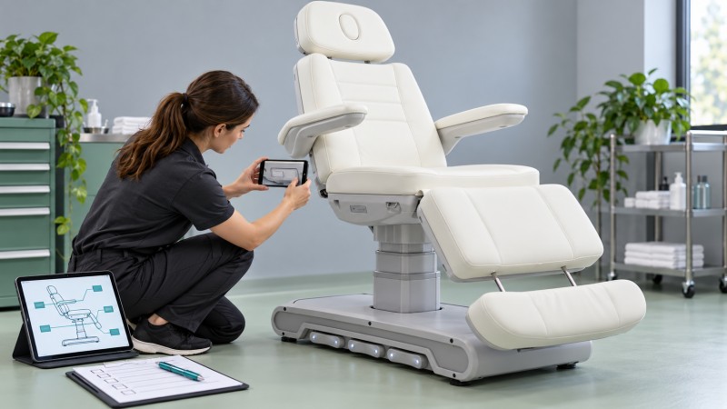 Technician photographing an accessible identification label on a white electric beauty bed while comparing a schematic and checklist