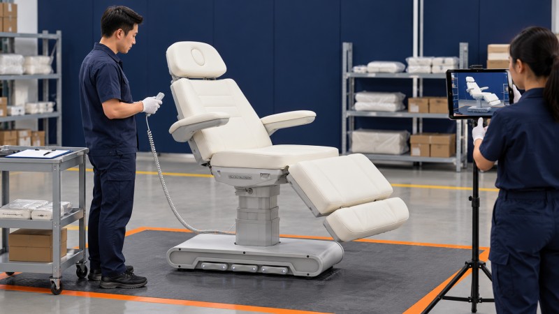 Factory technician operating a white electric beauty bed while an inspector records a continuous pre-shipment function test