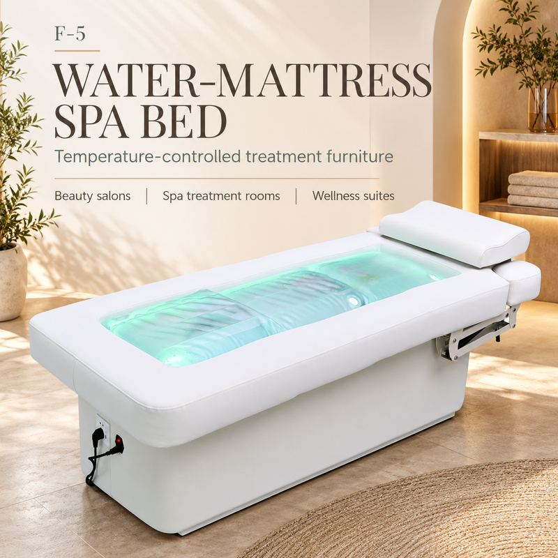 White F-5 water-mattress spa bed with green ambient lighting in a warm spa interior, introduced for beauty salons, spa treatment rooms and wellness suites.