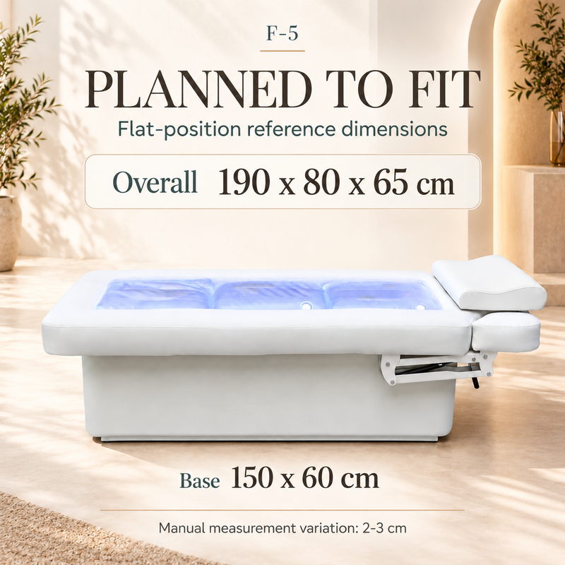F-5 spa bed in the flat position with overall reference size 190 x 80 x 65 cm, base size 150 x 60 cm and manual measurement variation of 2-3 cm.