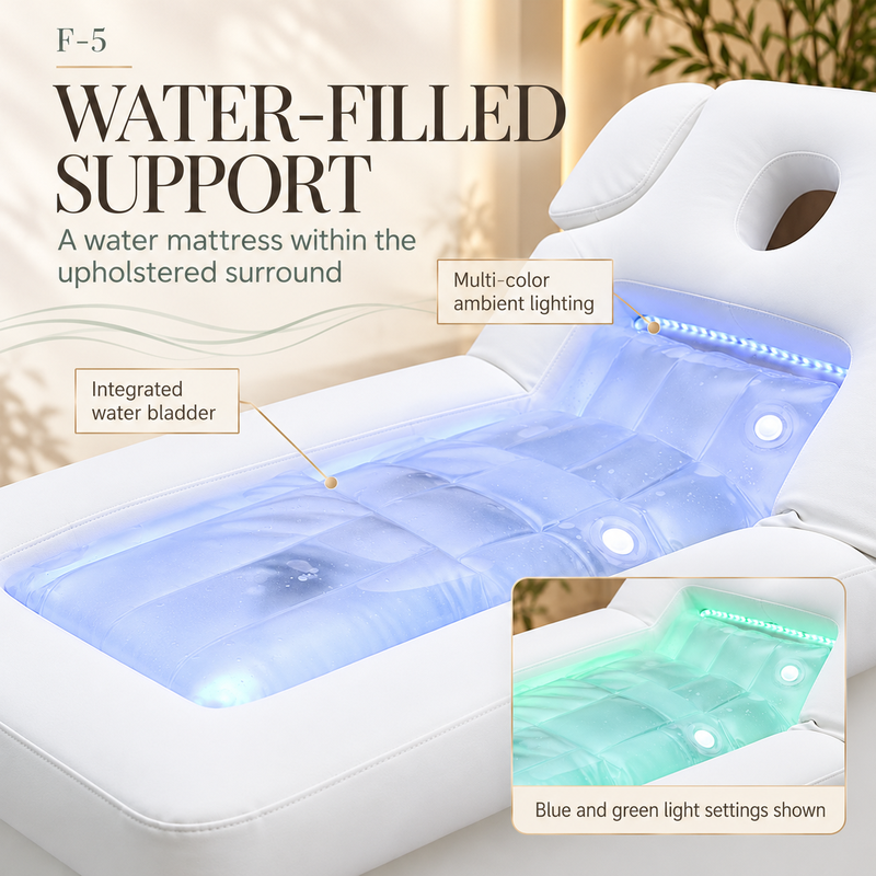 Closeup of the F-5 transparent water bladder within its white upholstered surround, showing blue ambient lighting and a smaller green-lighting view.