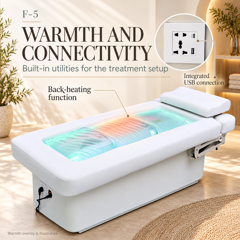 F-5 flat spa bed with an illustrative warmth overlay marking the back-heating function and a closeup of the integrated USB utility panel.