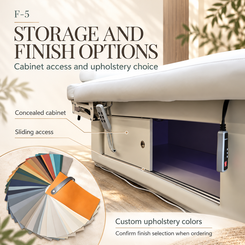 Closeup of the F-5 sliding cabinet with concealed storage and hanging controls, alongside an upholstery swatch fan for finish selection.