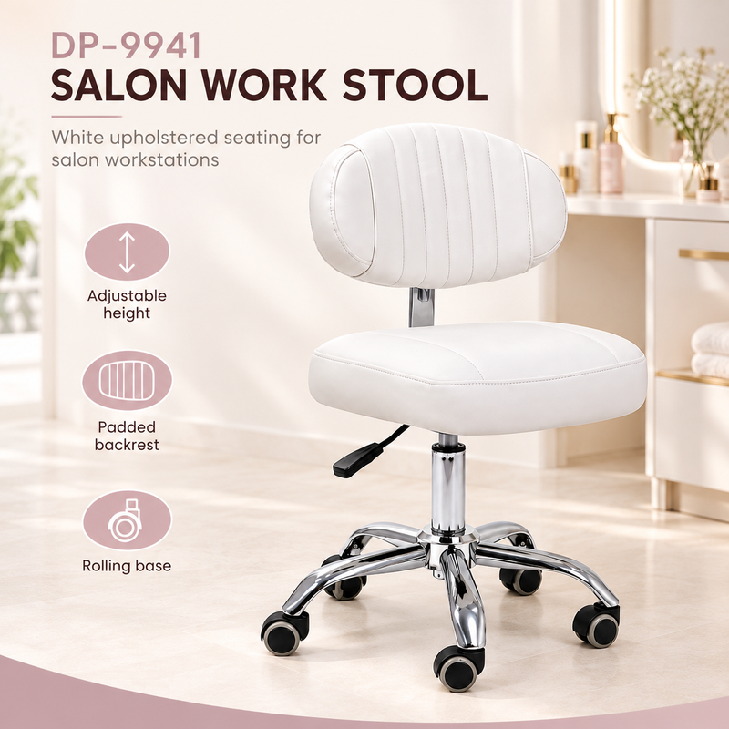 DP-9941 gas-lift salon stool overview White DP-9941 salon stool with an oval stitched backrest, padded seat, gas lift and rolling base in a beauty-salon setting.