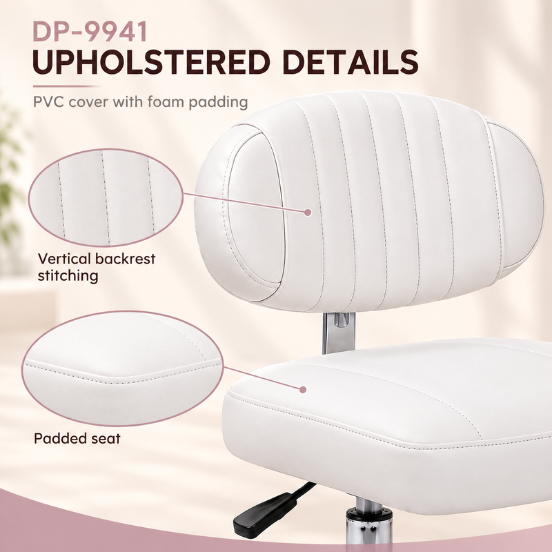 DP-9941 salon stool PVC upholstery details White DP-9941 oval backrest and padded seat showing PVC upholstery, vertical backrest stitching and perimeter seams.