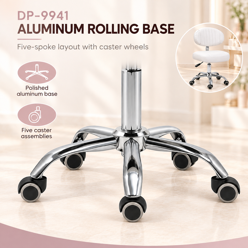 DP-9941 salon stool aluminum rolling base Closeup of the DP-9941 polished five-spoke aluminum base and five black caster assemblies with silver outer rings.