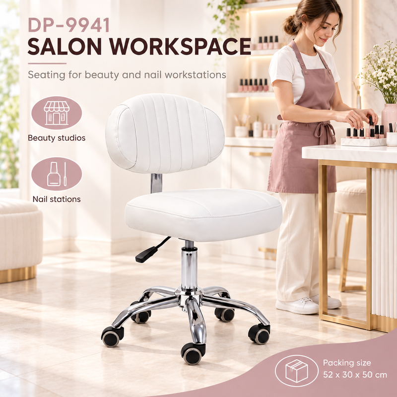 DP-9941 salon stool workspace and packing size DP-9941 stool beside a manicure workstation with a professional preparing tools and a packing-size note of 52 x 30 x 50 cm.